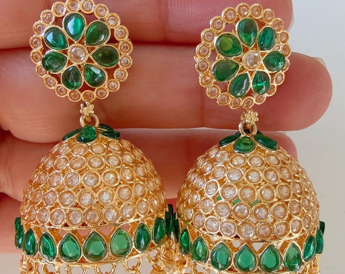 Gold plated CZ Polki green Jhumka /Polki jhumka Earrings  /CZ Jhumkas /Indian wedding/Kundan Jhumka/ Bridesmaid Earrings