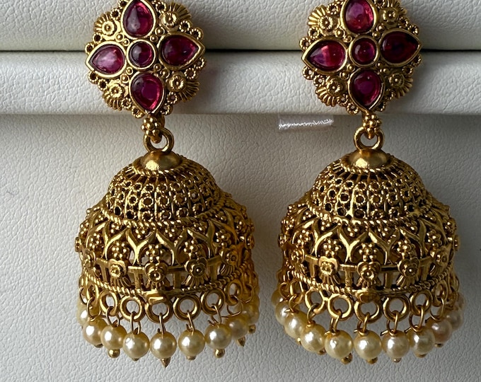 Kemp Gold plated Ruby  jhumka /gold plated Earrings  / Dangle Drop gold Jhumkas /Indian wedding/Kundan Jhumka/ Bridal wedding jhumka