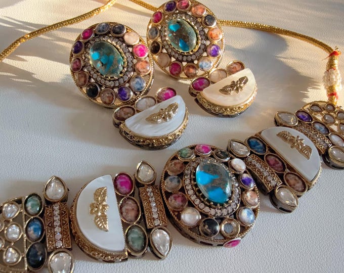 Uncut Polki Diamond Choker  Polki Necklace Sabyasachi inspired Jewelry Set/Polki Kundan Multi Necklace with earrings Tikka