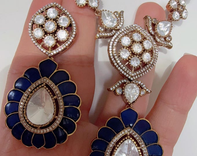 Kundan Jewelry Moissanite long necklace set/Kundan Moissanite Stone bridal long  Necklace / Indian Bridal Jewelry/Sapphire Blue necklace