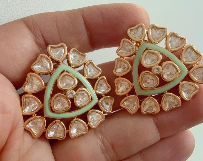 Moissanite Meenakari  Mint Kundan Studs /Indian Jewelry /Statement Stud Earring/Kundan Stud Earrings/Cz Studs/Diamond Meenakari Gold Stud