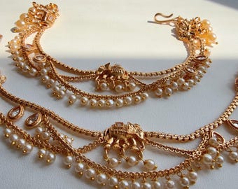 Vergulde olifant polki oorketting/Sahare/oorbel steunketting/Kaan sahara//Pakistaanse sieraden/Bahubali-oorbellen/Indiase sieraden