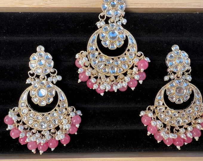 Pink  kundan Gold Kundan Tikka w/Earring Set/Indian Bridal Maang Tikka Set/Indian jewelry//Bridesmaid Gifts/Kundnan Maang jewelry set