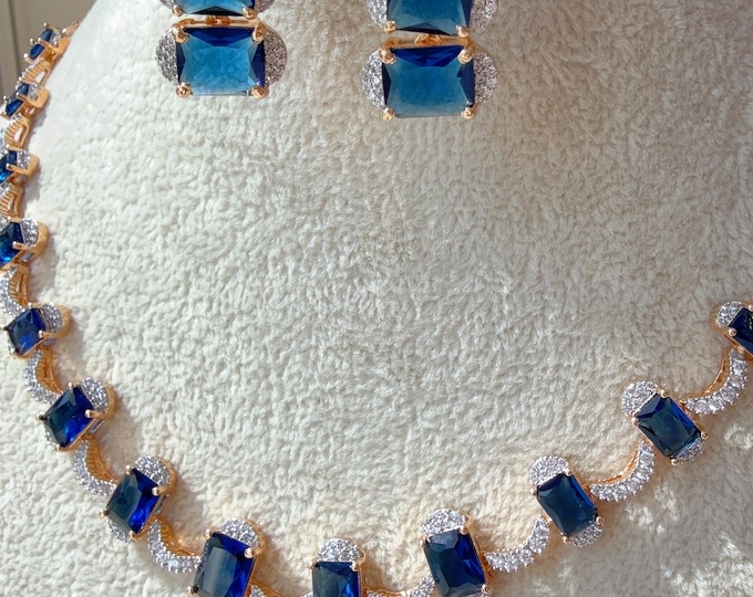 2 tone  Diamond Blue sapphire  Necklace  /Indian jewelry/ CZ green 2 tone Choker/Bridal diamond choker/Indian Necklace/ diamond necklace