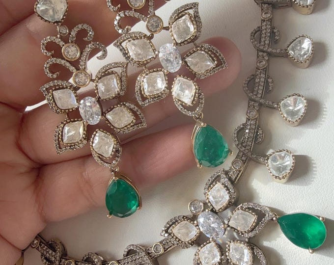 Moissanite  Green Necklace set /Doublet Uncut Kundan  Necklace Antique Finish/   Moissanite Green Emerald  Necklace Set