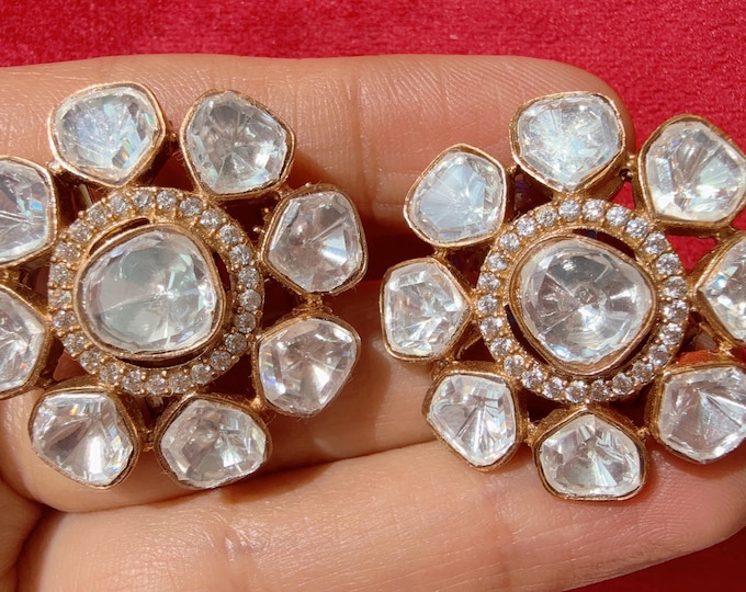 Moissanite Polki Embellished Kundan Studs /Indian Jewelry /Moissanite Kundan Stud Earrings/Kundan Stud Earrings/Cz Studs/Diamond Studs