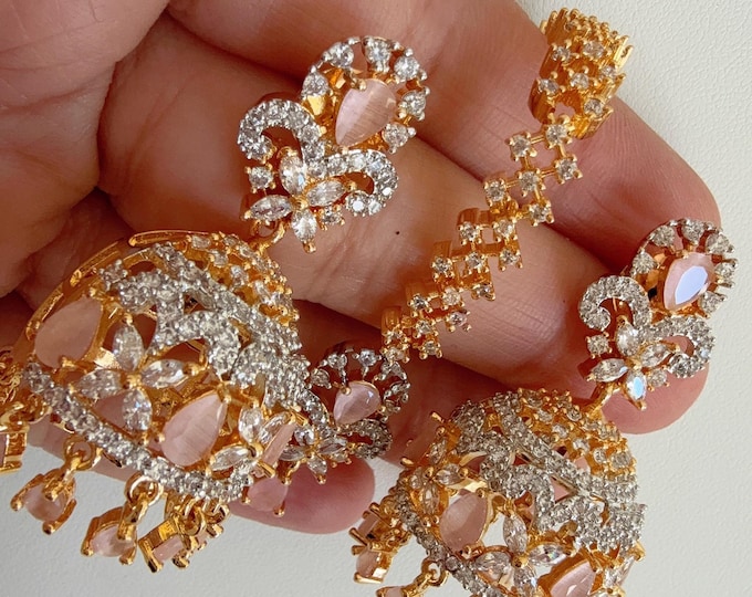 2 Tone Gold Baby Pink diamond CZ earrings and Mang tika set/ Diamond Ruby Maang tikka earring set / Baby Pink Indian jewelry/