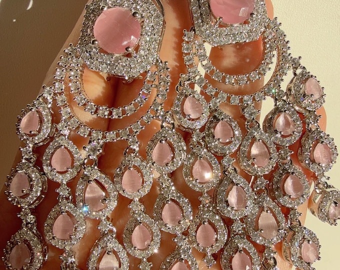 Diamond Chandelier Baby pink  Earrings / Indian Jewelry Indian Earrings/American Diamond jhumka/CZ Earrings/Indian jhumka
