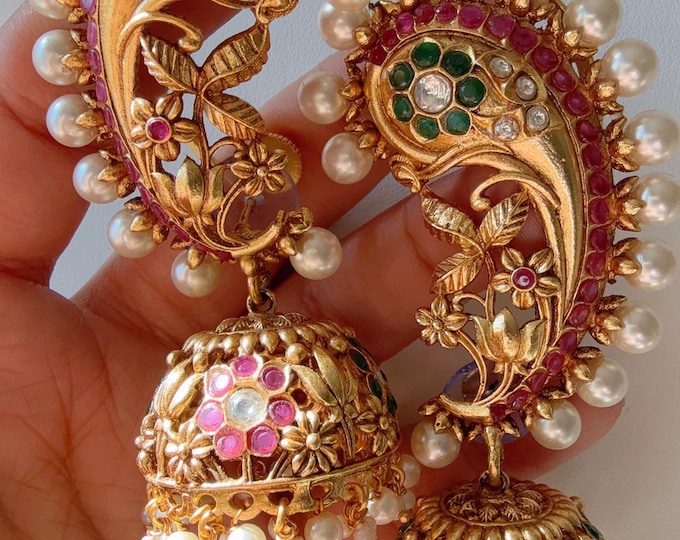 Earcuff Ruby Stone One Gram Gold Jhumkas/Kemp Gold plated ear cuff jhumka /gold plated Earrings  / gold Jhumkas /Indian wedding/