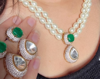 Double Strand Pearl Necklace Set with Polki Pendant | | Indian Bridal Jewelry | Wedding Statement Set