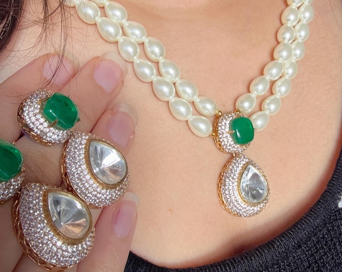 Gold Finish Emerald Stone & Pearl Long Necklace Set/Moissanite Kundan  Mala green Necklace Set/Sabyasachi Inspired Moissanite necklace set