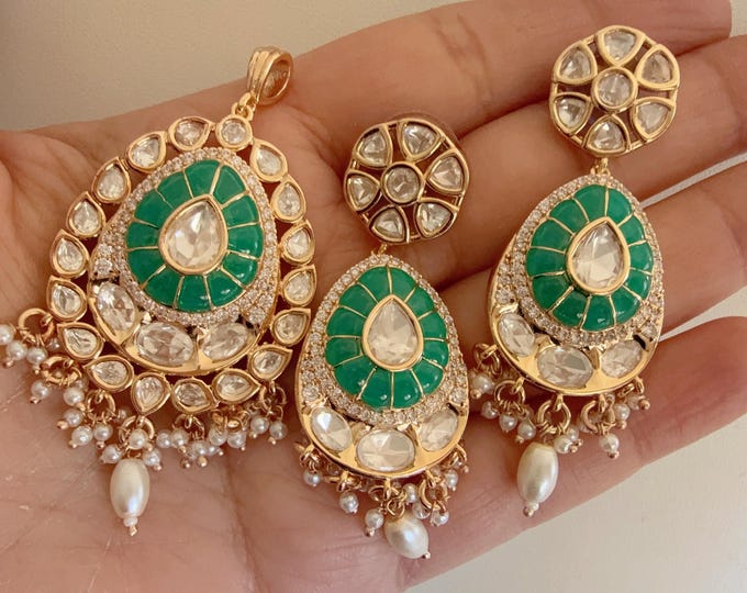 Premium Moissanite Pendant Set(No chain included) / Indian Bridal Jewelry/Uncut Moissanite Rama green Kundan set/diamond pendant set