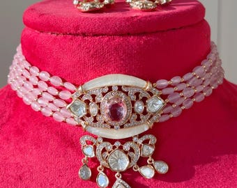 Moissanite Kundan Jewelry  Mother of pearl Baby pink choker set/ Kundan  Diamond choker Necklace /Indian Bridal Jewelry/Indian jewelry