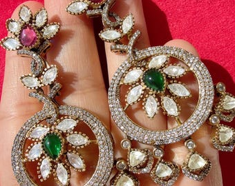 Kolczyki Polki Chandbali z moissanitem inspirowane stylem Sabyasachi | Antyczna złota biżuteria ślubna | Anmol