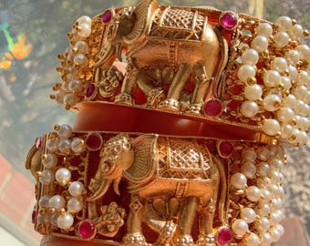 Antique Matt gold  Elephant Kada Bangle /Indian Bangles/Antique gold Kada/Kundan bridal bangles set/Gold Kada/Indian bangles Bracelets