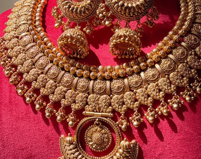Gold Plated Bridal Necklace Set with long jhumka and Tikka /flexible Choker/bridal necklace/Indian wedding jewelry/Bridal necklace set