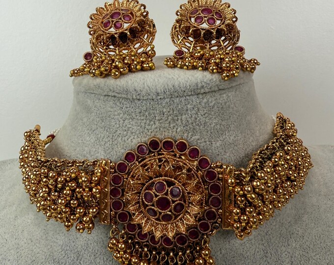 Gold Ruby Choker Necklace with large Studs  / Antique Gold choker Necklace/ Indian Gold Necklace Set/  /Indian Wedding jewelry