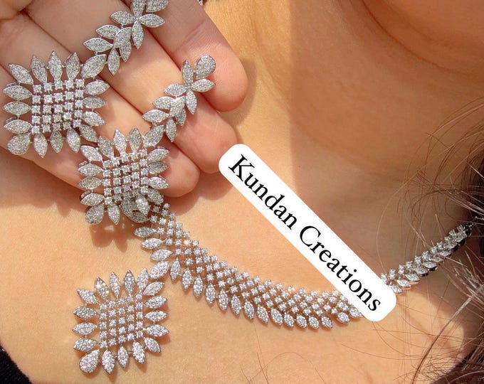 Silver  Necklace diamond choker /Indian jewelry/ CZ Choker/Bridal choker/ Indian Necklace/silver  gold diamond choker