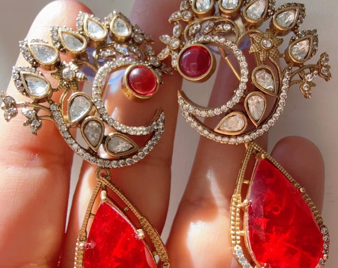 Ruby  Sabyasachi-Inspired Moissanite kundan Earrings/doublet stone Ruby Earrings /Moissanite Ruby Earrings/Bridal Diamond earrings