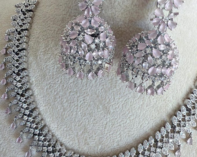 Baby pink CZ diamond necklace  /Indian jewelry/ CZ bridal necklace/Bridal diamond jhumka choker/Baby Pink Silver CZ Diamond necklace/