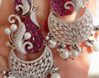 Sapna diamond drop  Silver Chandelier Earrings/Diamond Ruby Chandelier Earrings/Diamond Flower Drop Dangle Earrings