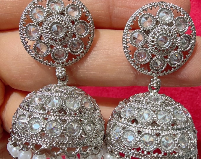 BSilver kundan polki  jhumka Earrings/ Punjabi jhumka /Indian Earrings/ Indian Wedding Sangeet Jewelry / Kundan Jhumka /silver kundan khumka