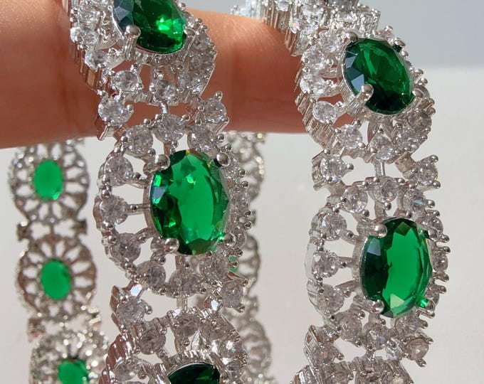 Emerald green silver diamond Bangles/Ruby CZ Adkada  bangles//indian bangles/Indian Jewelry /bridal jewelry/American Diamond kada Bangles