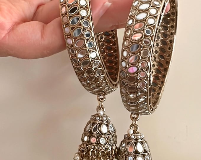 Punjabi Antique look Mirror bangles pair /Punjabi Mirror jhumka bangles set/Kangans/Statement bangles/Indian jewelry/wedding jewelry/