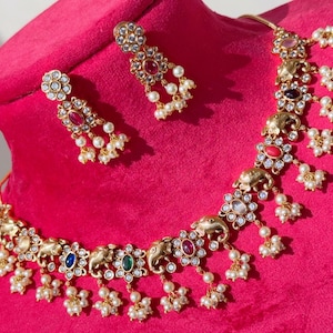 Gold plated Navratna  Necklace /South Indian jewelry/Indian Wedding jewelry/Gold Finish Navratan stone necklace/Bridal Necklace