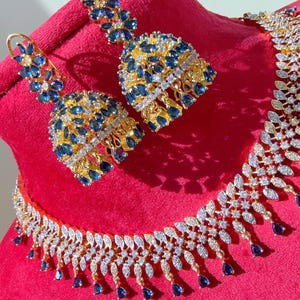 2 Tone  Diamond blue sapphire diamond necklace /Blue diamond jhumka / CZ Choker/Bridal choker/Diamond necklace / Indian Necklace/