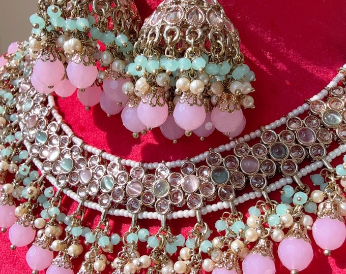 Antique Mint Pink kundan  Polki Kundan  necklace Set  jhumka Tikka  necklace set/Indian wedding jewelry/Bridal necklace set/wedding Necklace