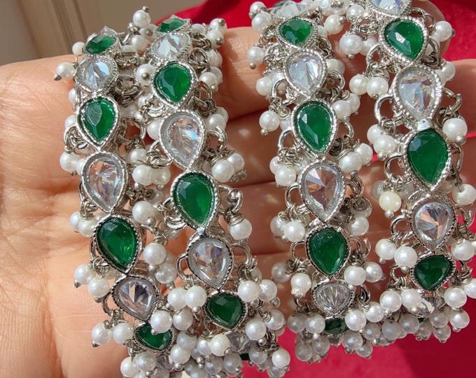 silver Green Kundan Bangles/Polki Kundan  Pearl Bangles Set(4 Pc) /Silver green Kundan Bangles/Mint pink bangles/Indian Bangles