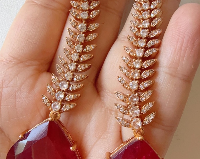 Rose gold Ruby  doublet diamond  Earrings/Chandelier Earrings/Rose Gold Finish doublet Ruby Earrings/Rose gold diamond earrings