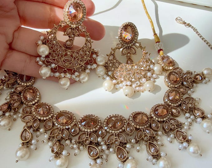 Antique gold kundan  Polki Kundan  necklace  Set Chandbali and Tikka  /bridal necklace/Indian wedding jewelry/Bridal necklace set/