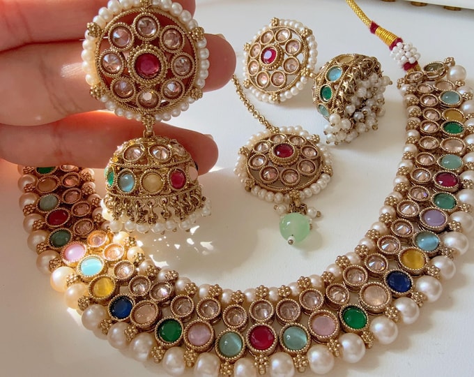 Antique Polki Kundan Multi necklace with Maang  jhumka Tikka Set/Kundan Choker/bridal necklace/Indian wedding jewelry/Multi wedding Necklace