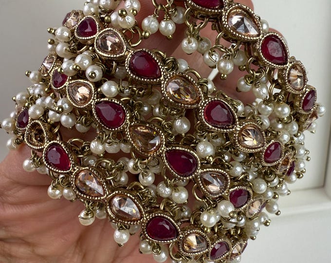 Ruby Kundan Pearl Bangles 4 PC/Indian Bangles/ Indian jewelry/wedding jewelry/Mint pink Kundan bangles/Polki Kundan ruby bangles