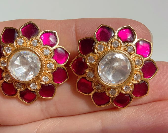 Moissanite Meenakari Ruby Kundan Studs /Indian Jewelry /Statement Stud Earring/Kundan Stud Earrings/Cz Studs/Diamond Meenakari Ruby Stud