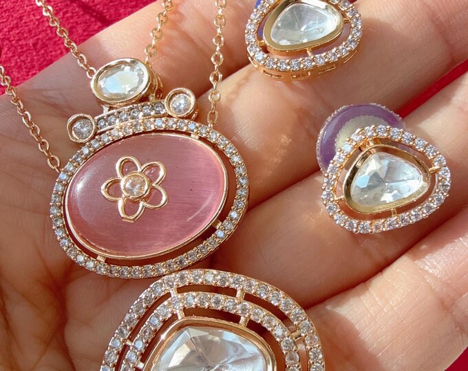 Sabyasachi-Inspired Baby pink Moissanite  long chain Pendant Set/Kundan Stone long Necklace/ Indian Bridal Jewelry