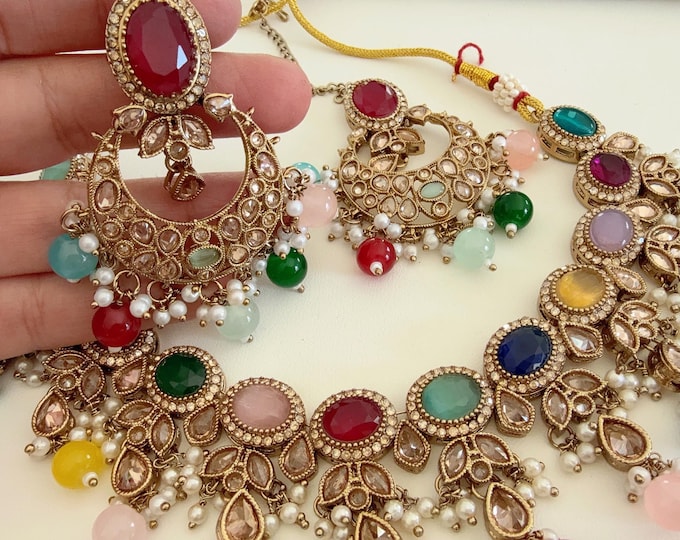 Antique Multi color  kundan  Polki Kundan  necklace  Set Chandbali and Tikka  /bridal necklace/Indian wedding jewelry/Bridal necklace set/