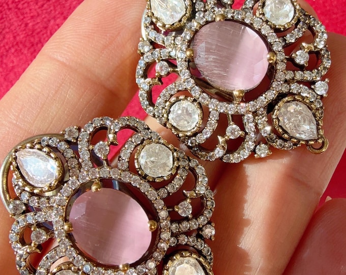 Baby pink Moissanite precious Stone stud Earrings/Moissanite  diamond Kundan Studs /Indian Jewelry /Statement Stud Earring/