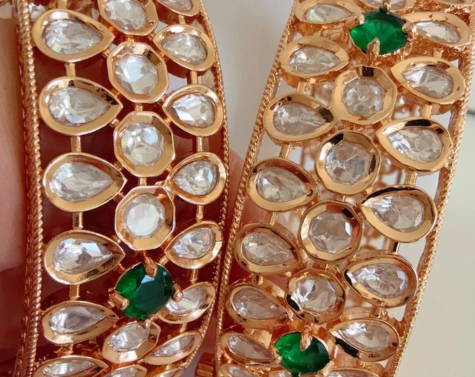 Openable Moissanite green kundan bridal Polki wide kada Bangles / Cz stone Moissanite kada /Indian Jewelry /bridal kundan wide kada bangles