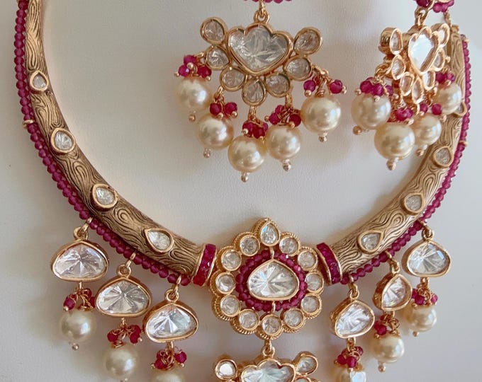 Moissanite Ruby kundan hasli necklace set with jhumka earrings/Diamond  Hasli / Rajwadi Hasli with designer earrings/Indian Wedding jewelry