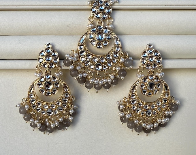 Gray kundan Gold Kundan Tikka w/Earring Set//Indian Bridal Maang Tikka Set/ Indian jewelry//Bridesmaid Gifts/ Kundnan Maang Gray set