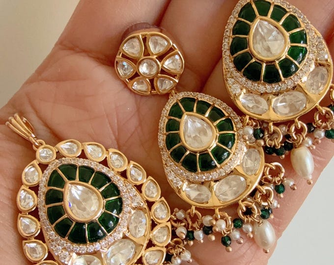 Premium Moissanite Pendant Set(No chain included) / Indian Bridal Jewelry/Uncut Moissanite green  Kundan set/diamond emerald pendant set
