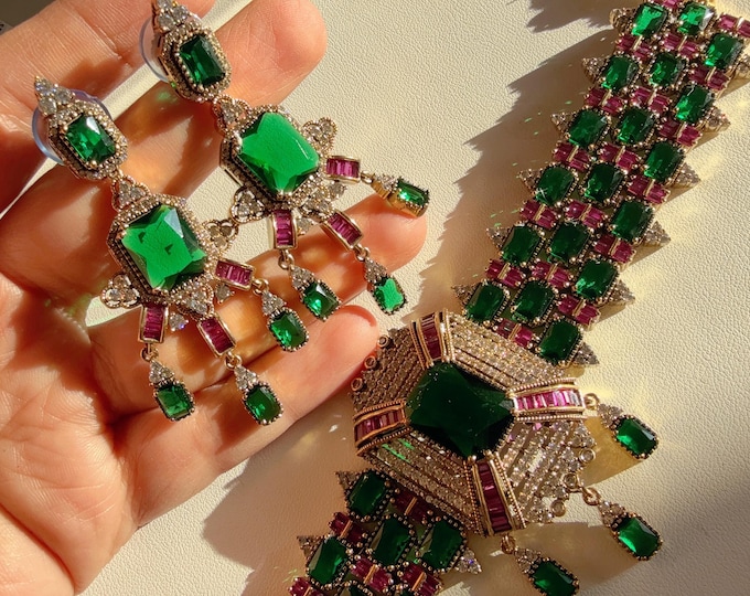 Antique  Ruby  Green diamond choker/Indian jewelry/ CZ purple Choker/Bridal choker/ bridal diamond choker/Sabyasachi Designer necklace