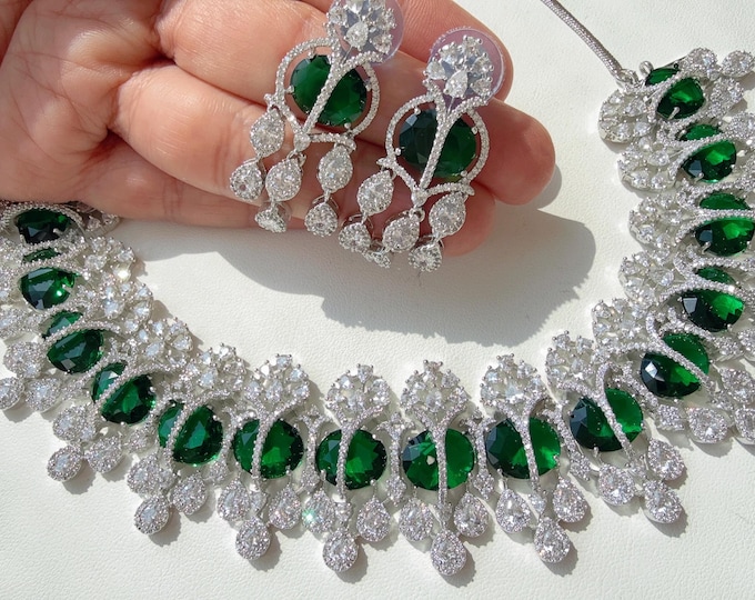 Rhodium silver Green Emerald  diamond Necklace set/Indian jewelry/ CZ Choker/Bridal Green necklace / Indian Necklace/ diamond jewelry
