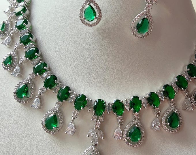 Silver  Necklace diamond green necklace /Indian jewelry/ CZ Choker/Bridal choker/ Indian Necklace/silver  diamond choker