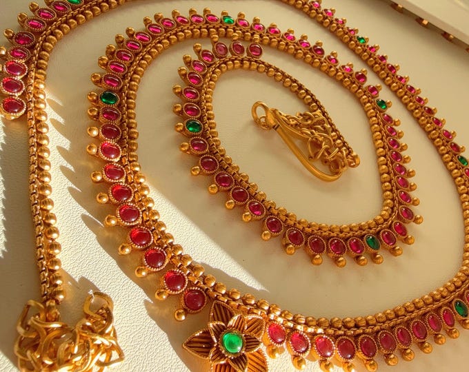 Kemp stone Ruby Green gold plated jhumka Waist belt/Indian Belly Chain/ Adjustable Gold Belly chain/ Gold Plated  belly chain kamarband /