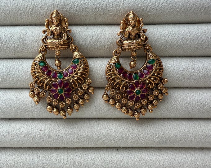 Kemp Gold plated Ruby green chandbali jhumka /gold plated Earrings  / Dangle Drop gold Jhumkas /Indian wedding/Kundan Jhumka/