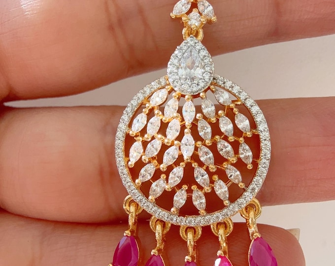 American Diamond 2 Tone Ruby Maang tikka/ Indian Wedding Jewelry/ Pakistani Jewelry/ Matha patti/ Indian forehead jewelry/Indian Jewelry